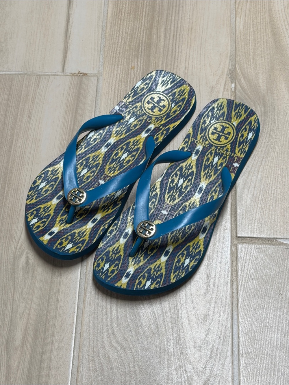 Tory Burch Teal Strap Patterned Flip Flop Sandals